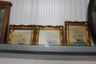 Three gilt framed oil paintings, studies of sailin