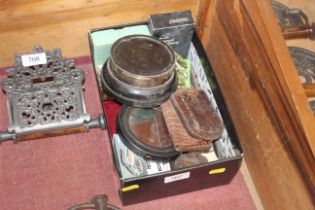 A silver mounted trophy stand, a box containing va