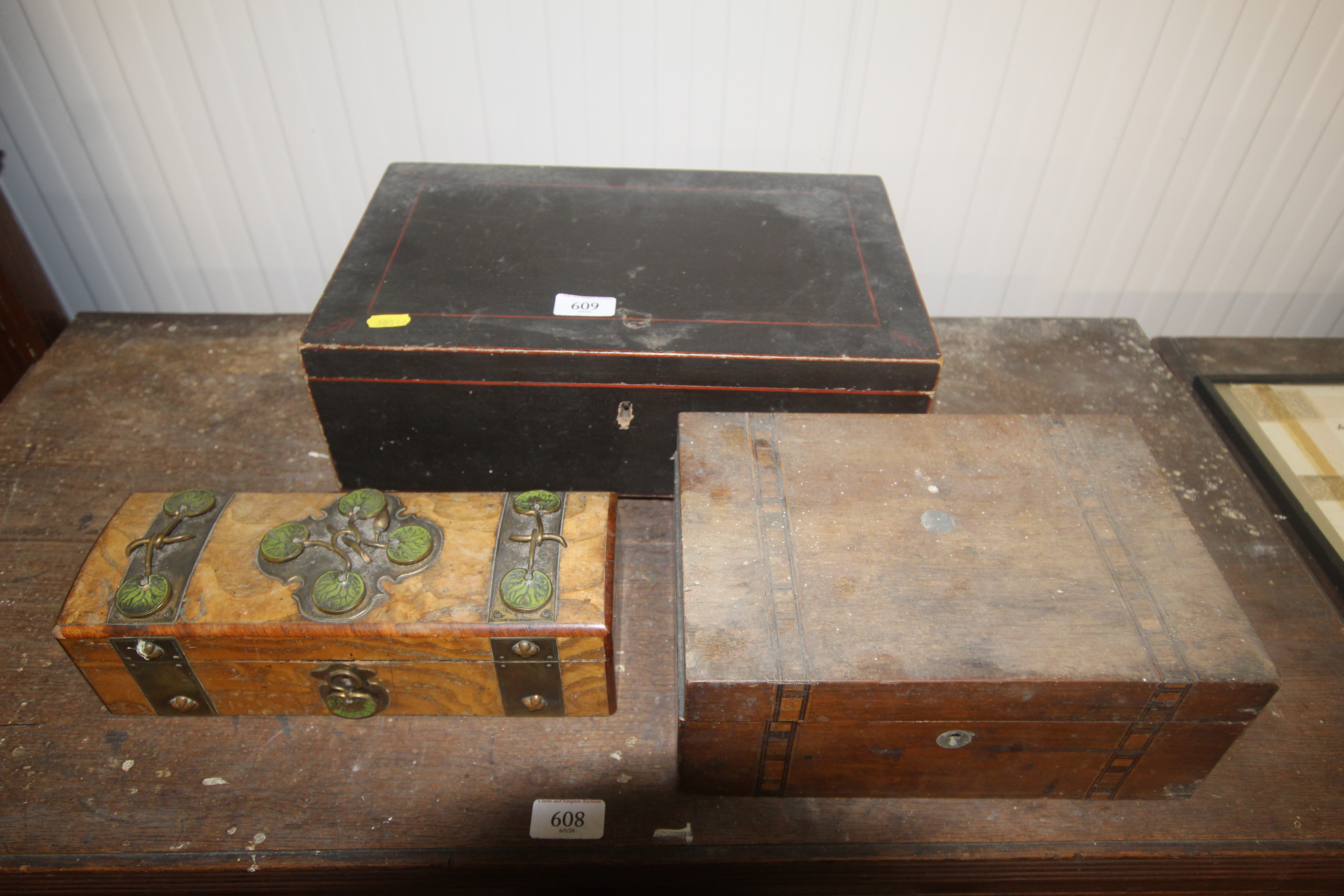 A wooden gilt metal mounted glove box and two othe