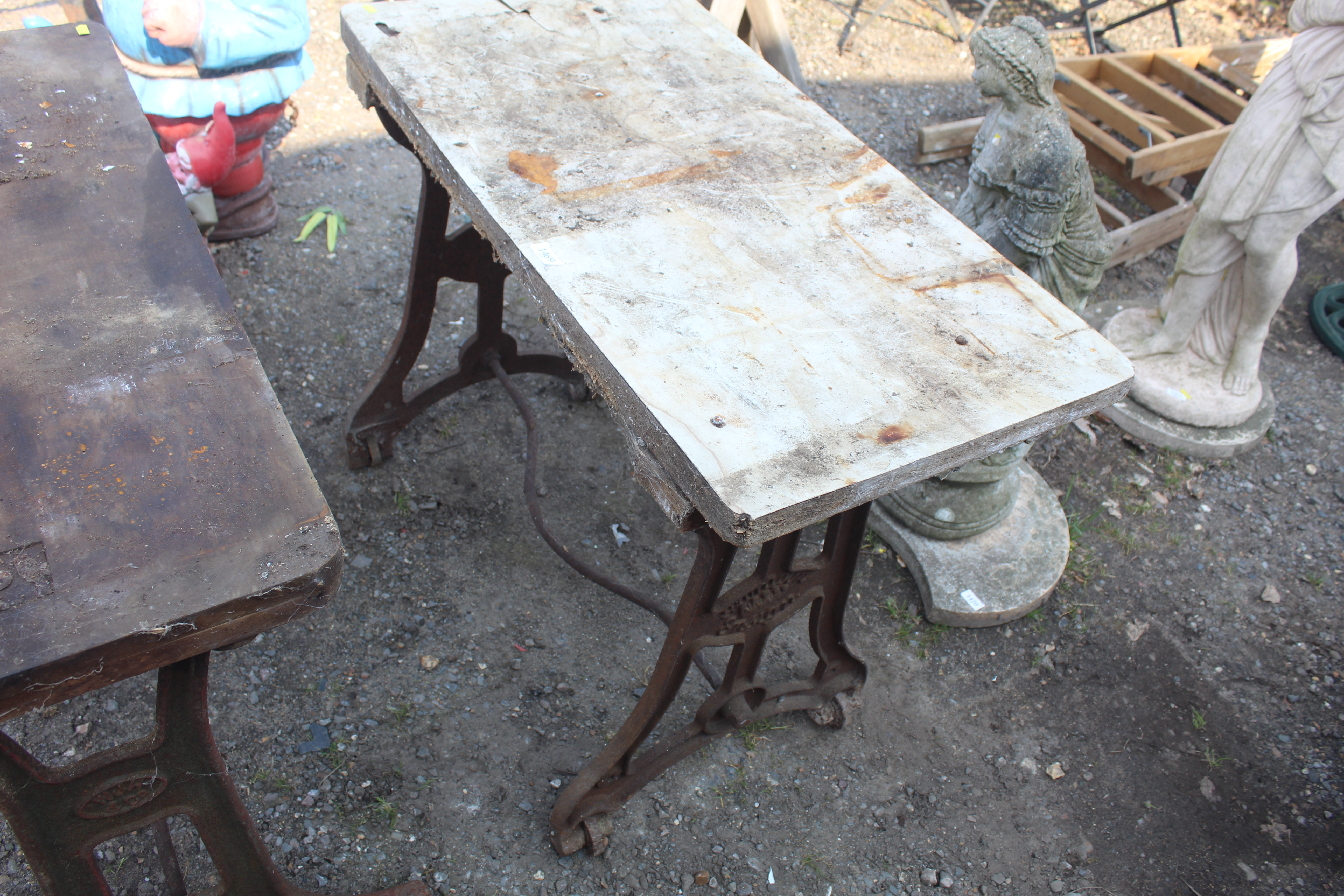 A wooden topped cast iron work bench - Image 2 of 2