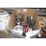 A box of kitchenalia including saucepans