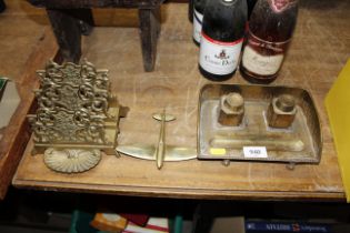 Two brass desk stands and brass model of aeroplane