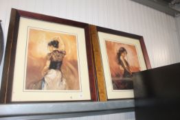 A pair of coloured prints depicting female dancers
