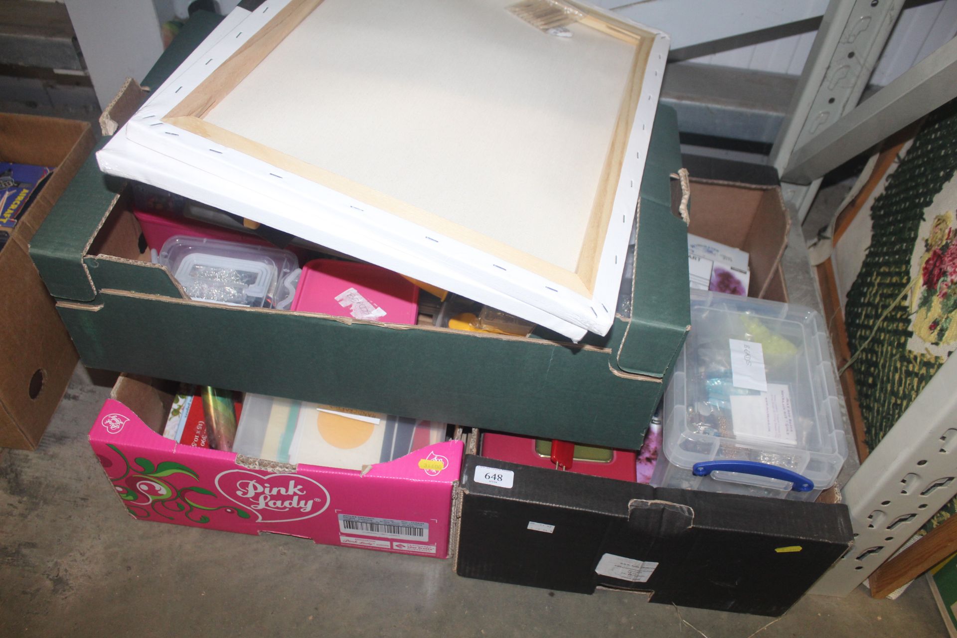 Three boxes of various craft related items and art