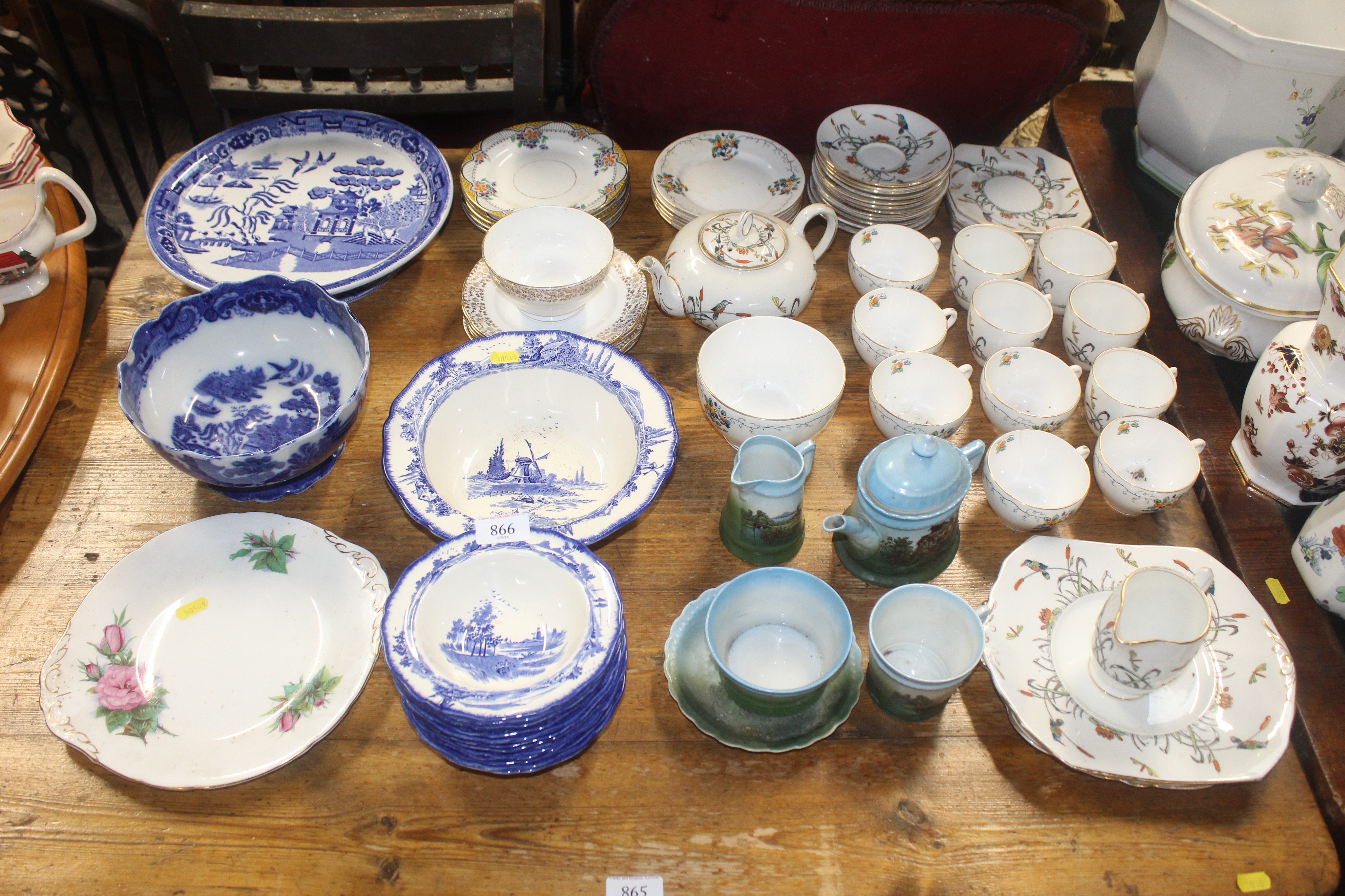 A collection of standard China tea ware; blue and white Willow pattern cake stand; Royal Doulton "