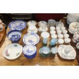 A collection of standard China tea ware; blue and white Willow pattern cake stand; Royal Doulton "