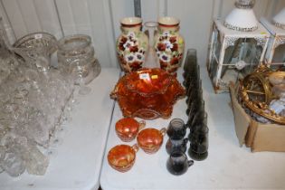 Various Carnival glassware; a pair of painted opaq