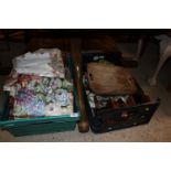 Two boxes containing various materials, curtains,