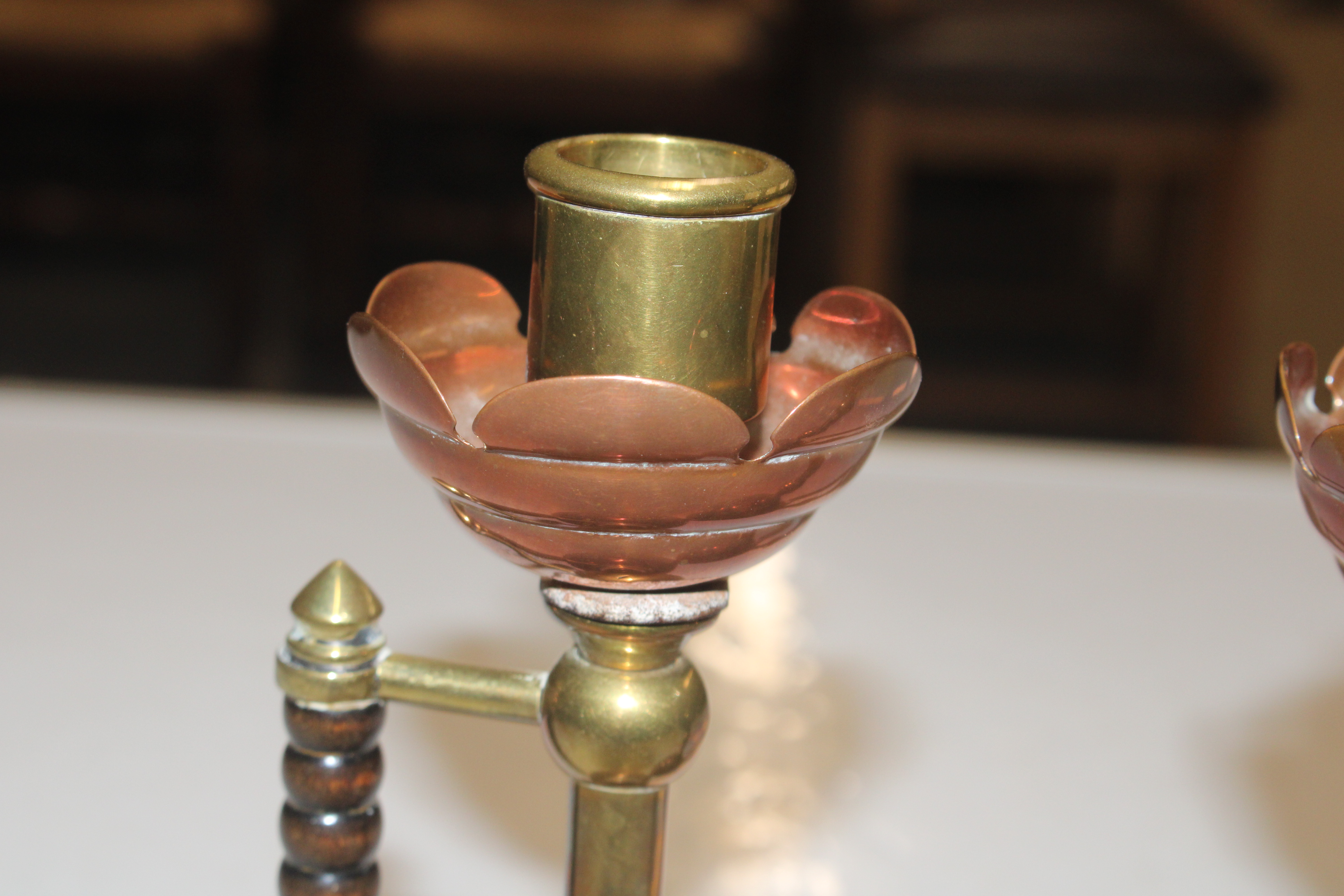 A pair of late Victorian brass and copper candlest - Image 4 of 9