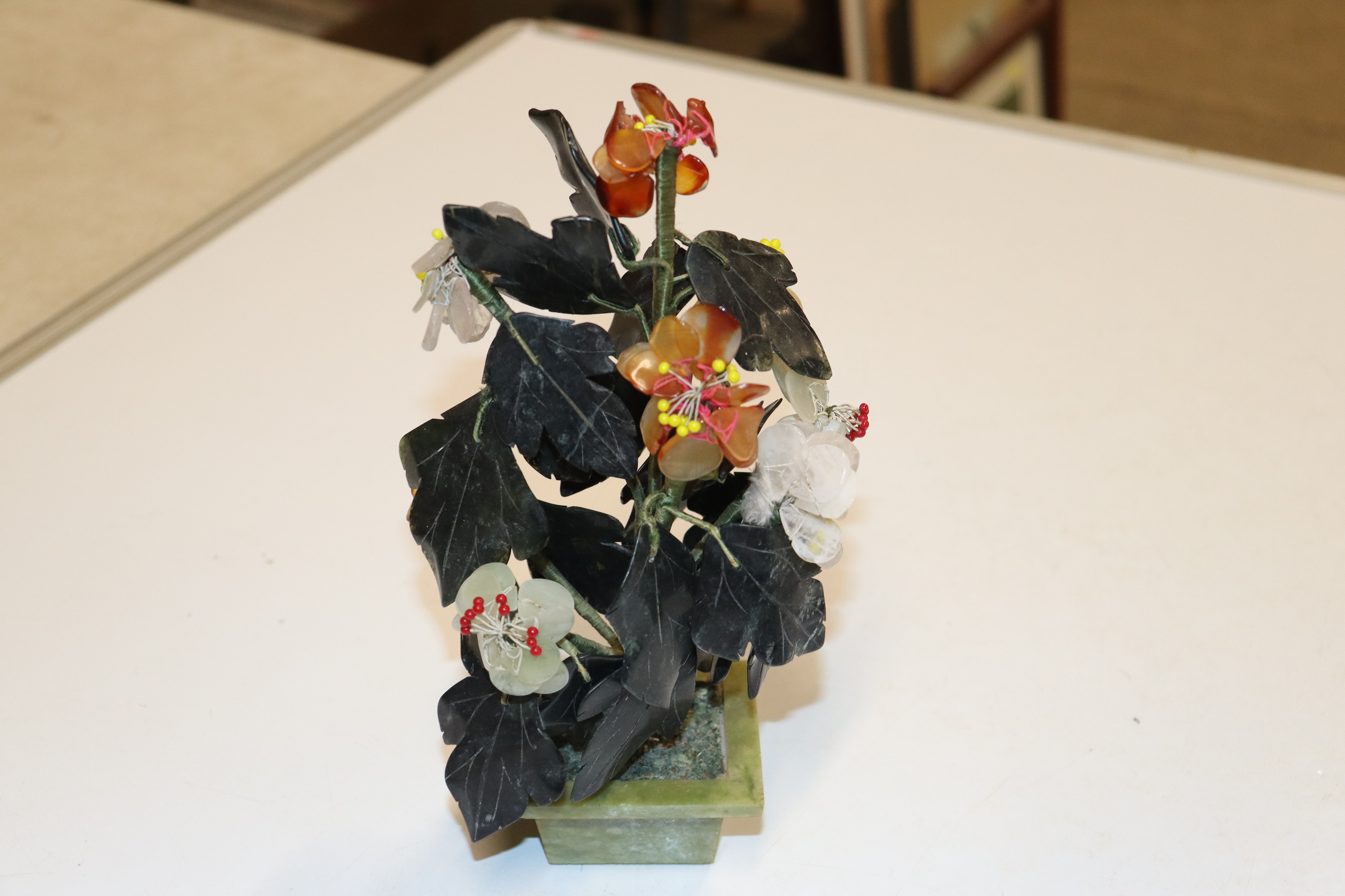 Three Chinese hardstone flower arrangements in pot - Image 2 of 20