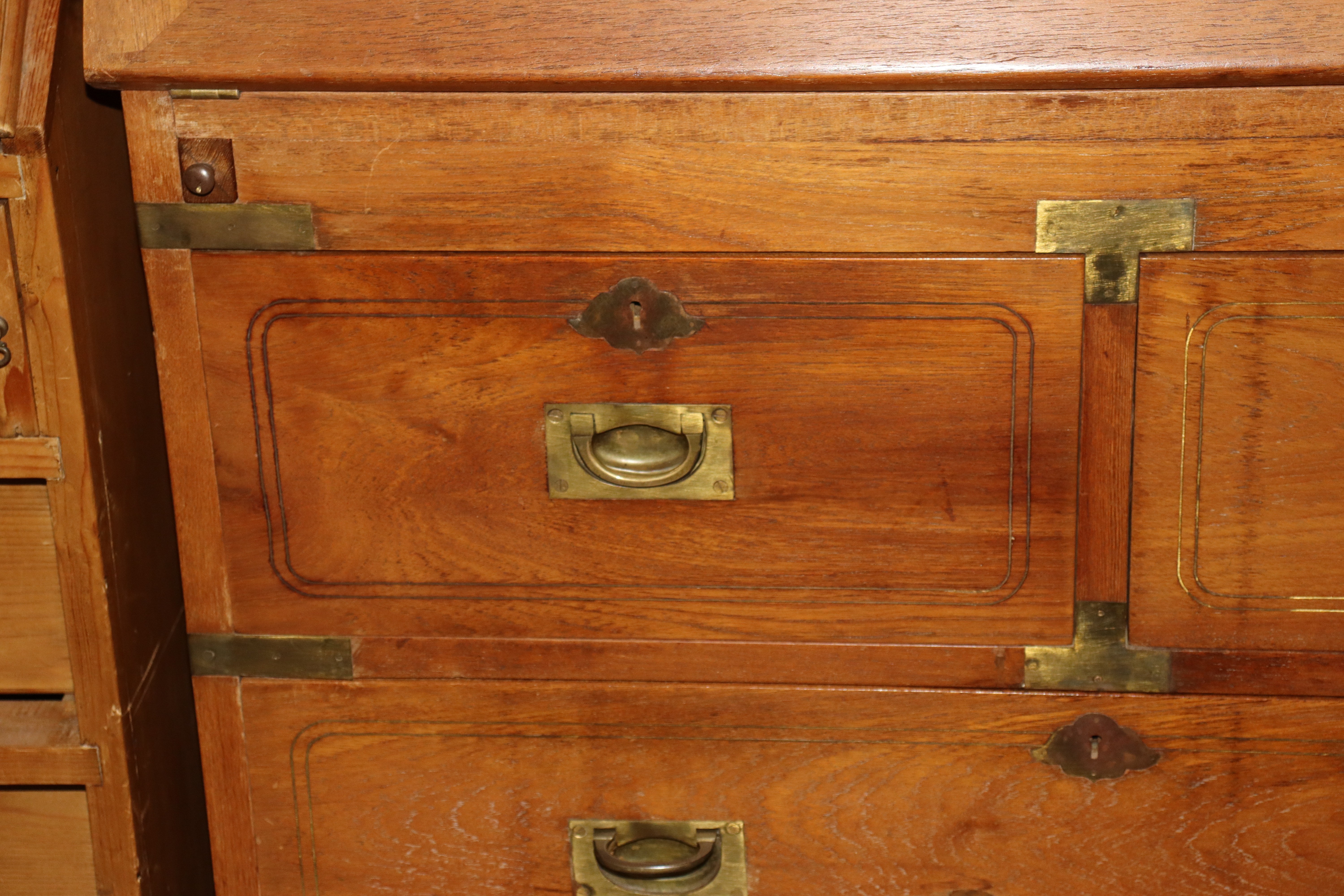 An oak and brass inlaid Campaign style bureau - Image 2 of 2