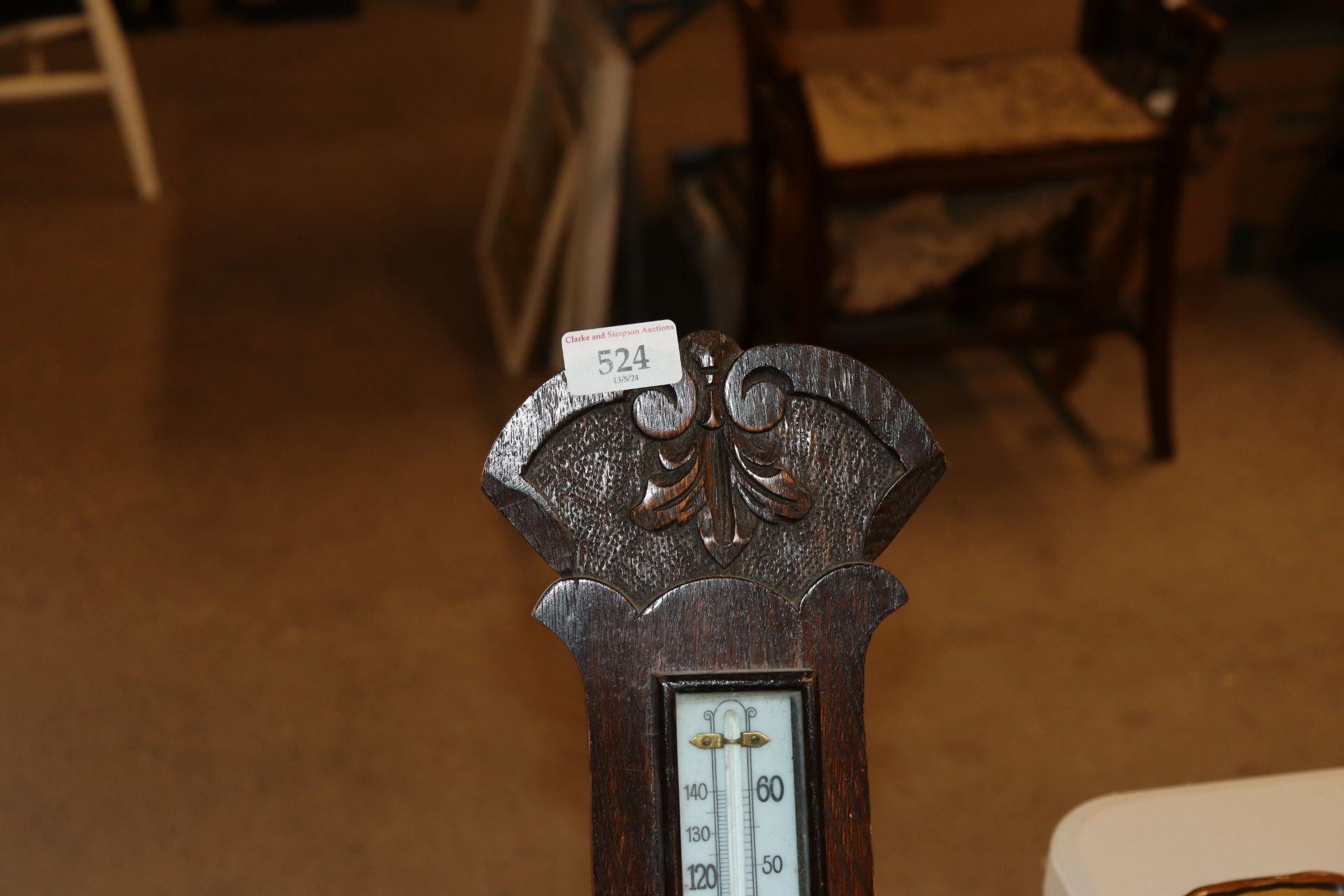 A carved oak cased banjo barometer / thermometer - Image 4 of 4