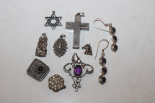 A box of silver and white metal jewellery to include pendants and earrings