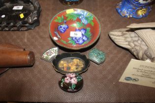 A Chinese cloisonné bowl; a cloisonné fan shaped b