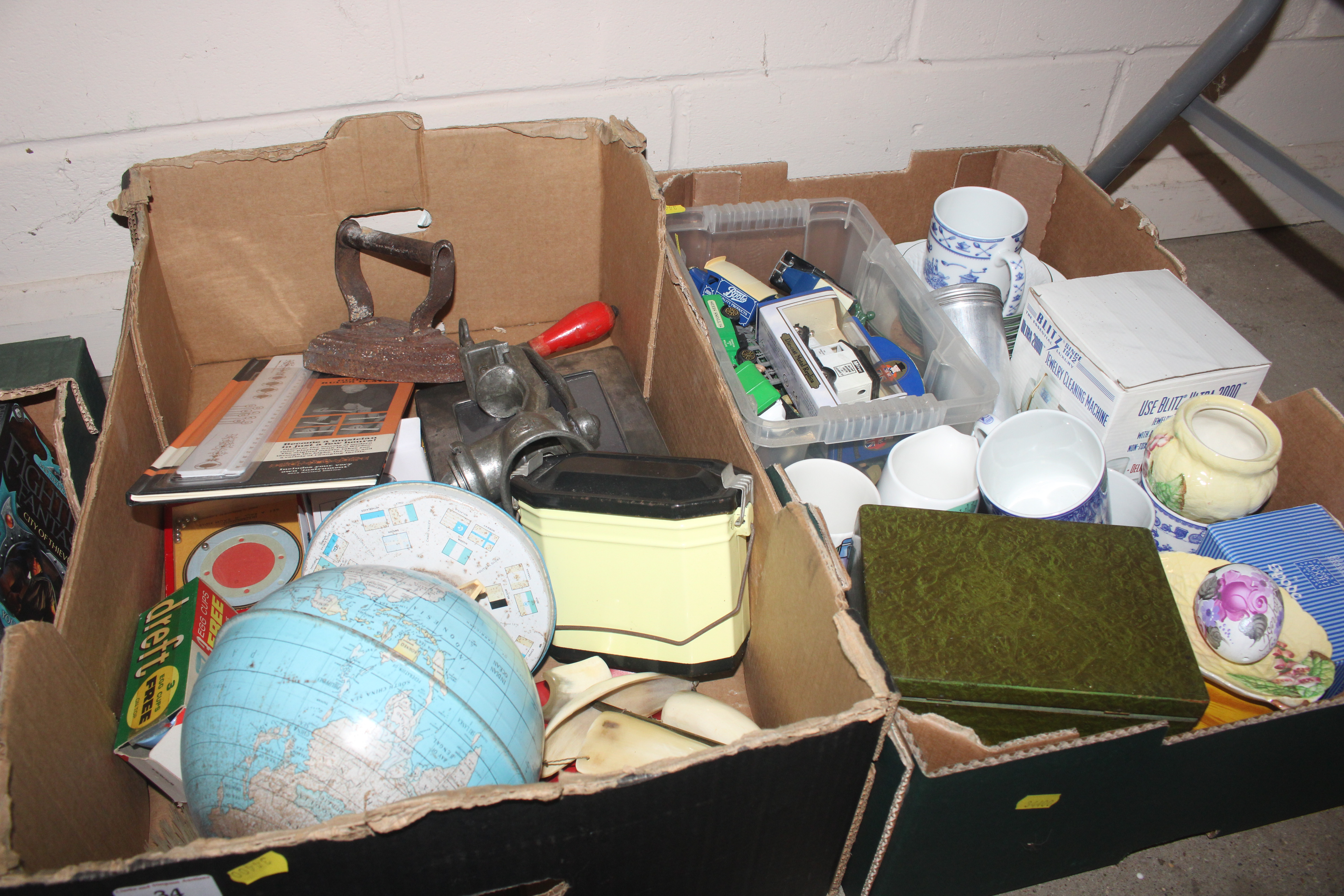 Two boxes of miscellaneous china and metalware; di