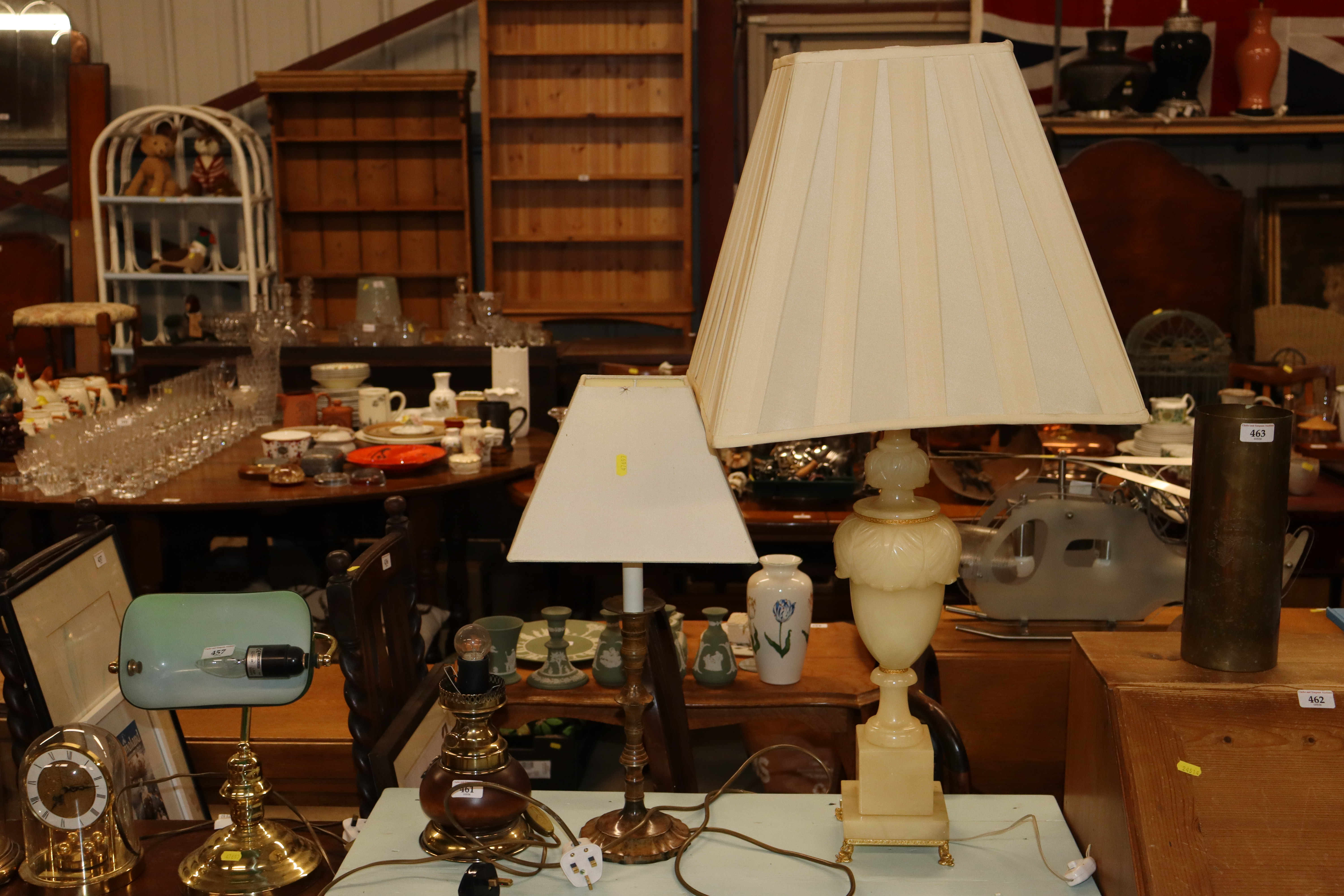 An onyx table lamp and shade and two others