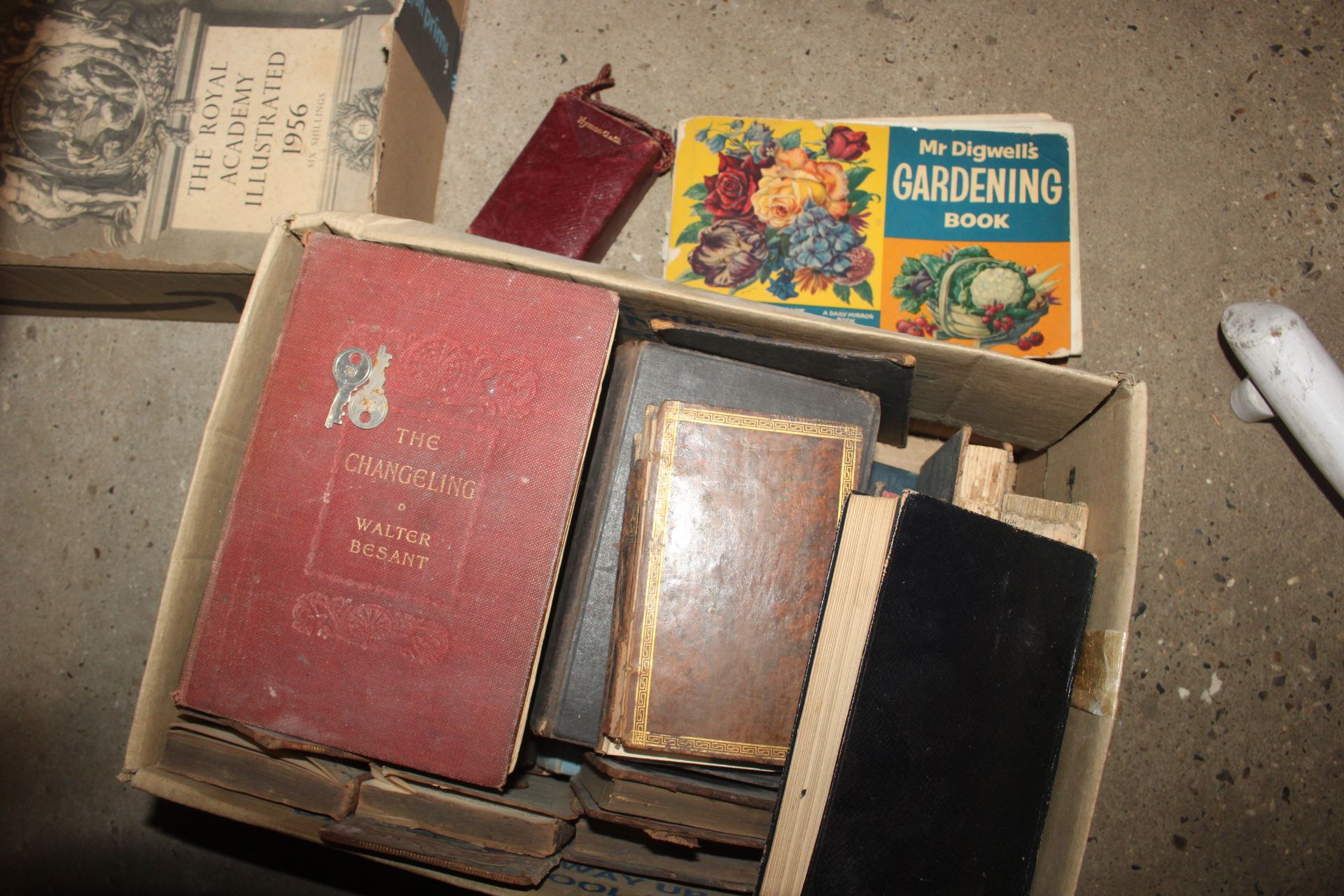 Two boxes of various books to include antique Bibles, postcards, Imperial Quill tin - Image 9 of 30