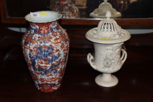 An Imari baluster vase and a Parian type pot pourr