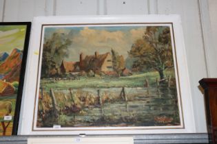 An oil on board depicting a possible local scene with thatched cottage