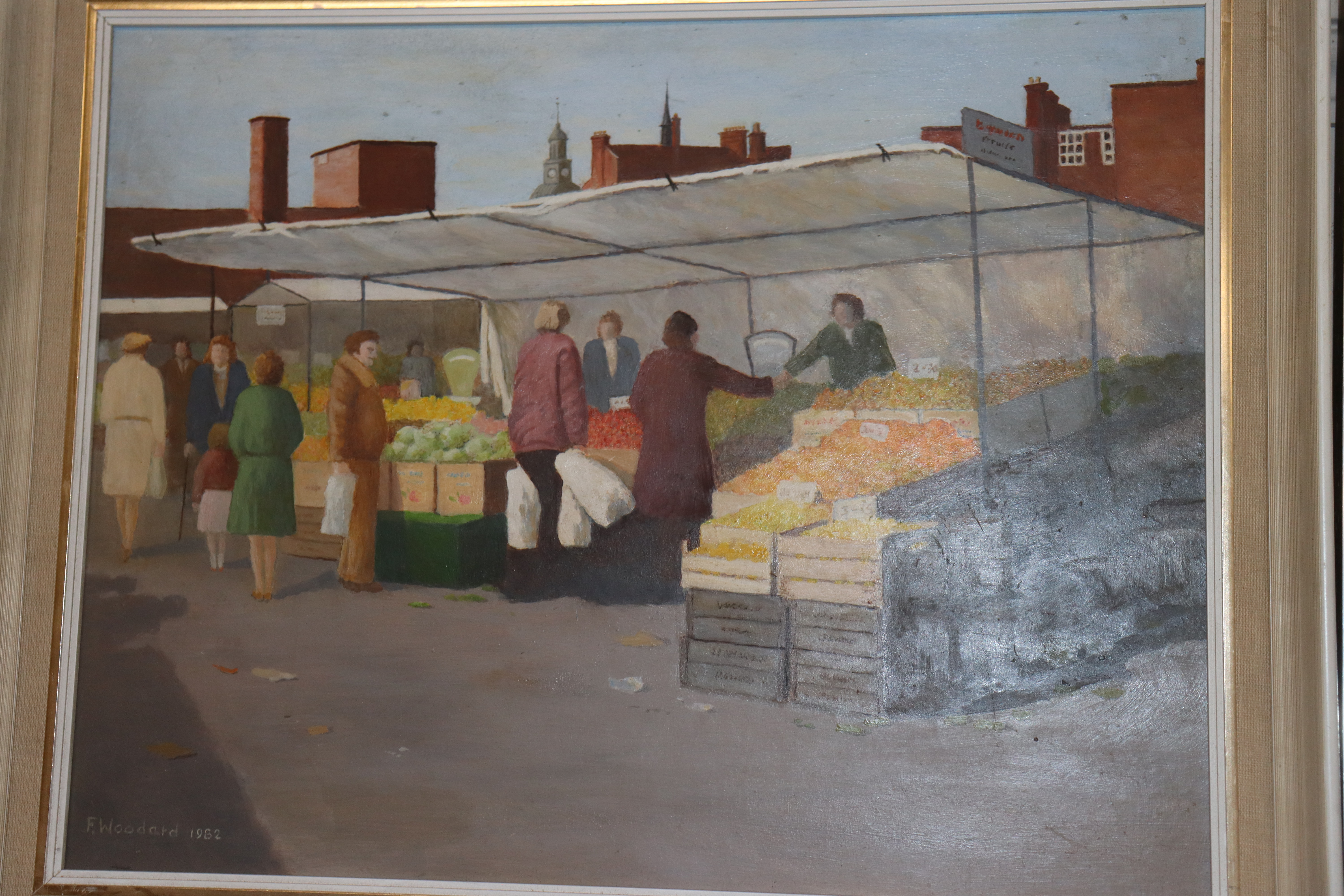 F. Woodward, oil on board of a fruit and veg marke - Image 2 of 3