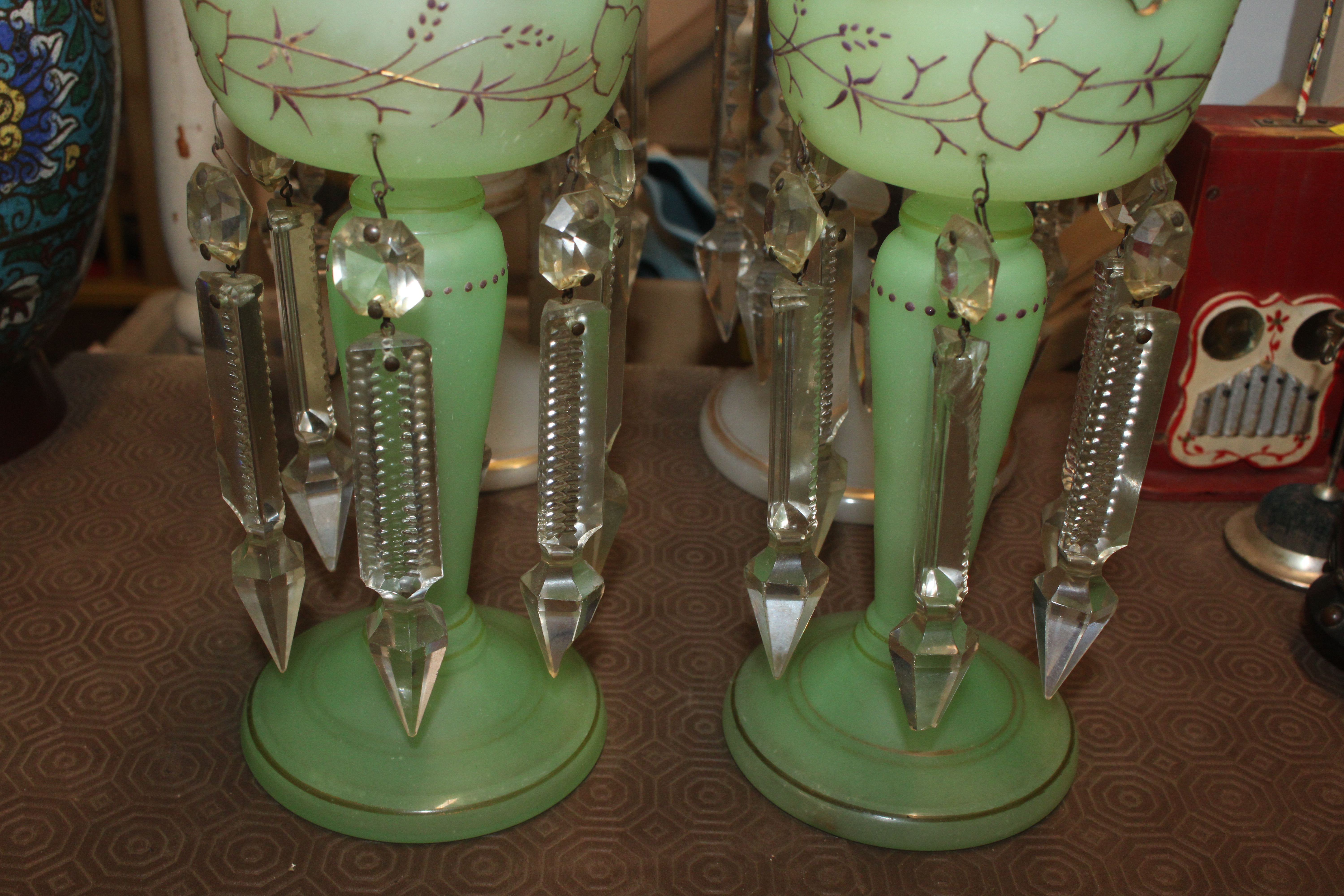 A pair of antique green glass lustre vases with - Image 3 of 4