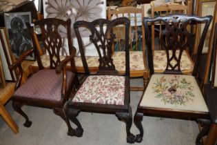Three Chippendale revival dining chairs