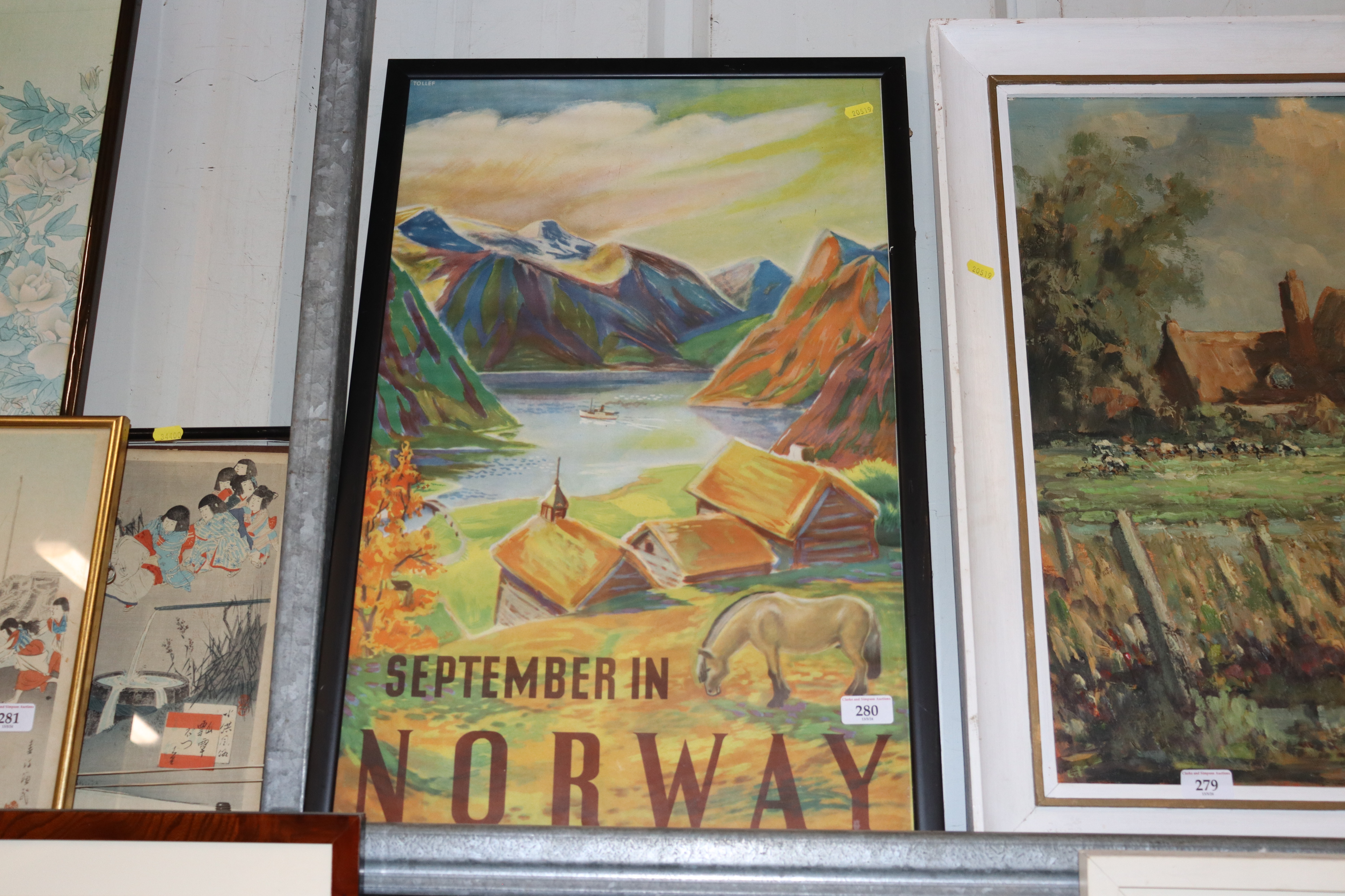 A coloured travel print, "September in Norway"