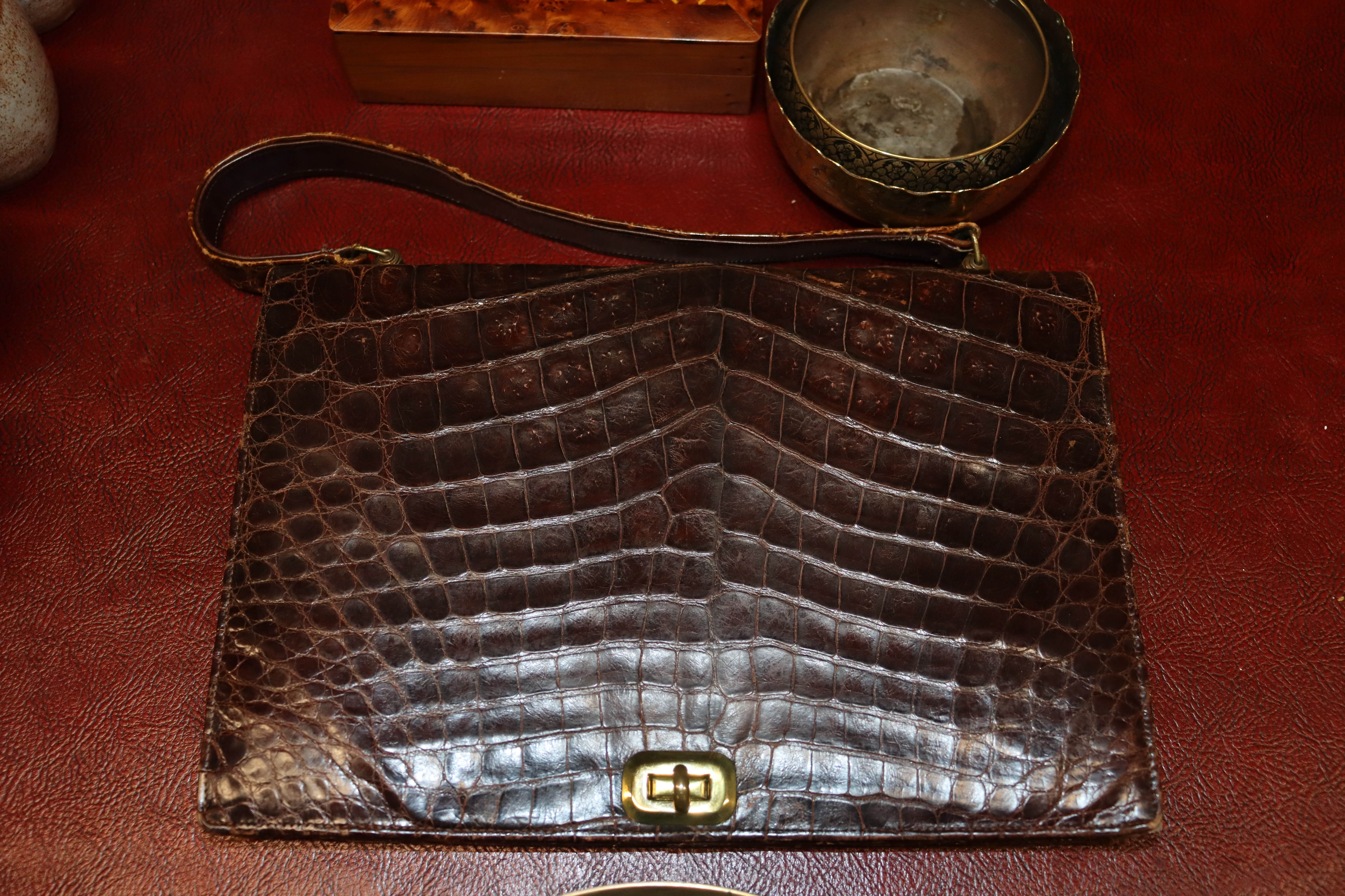 A vintage alligator skin handbag; an Oriental bras - Image 5 of 10