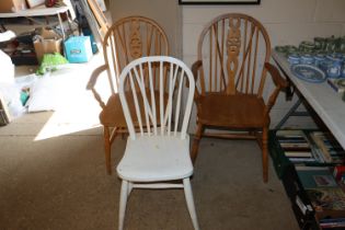 A pair of pine and elm stick and wheel back elbow