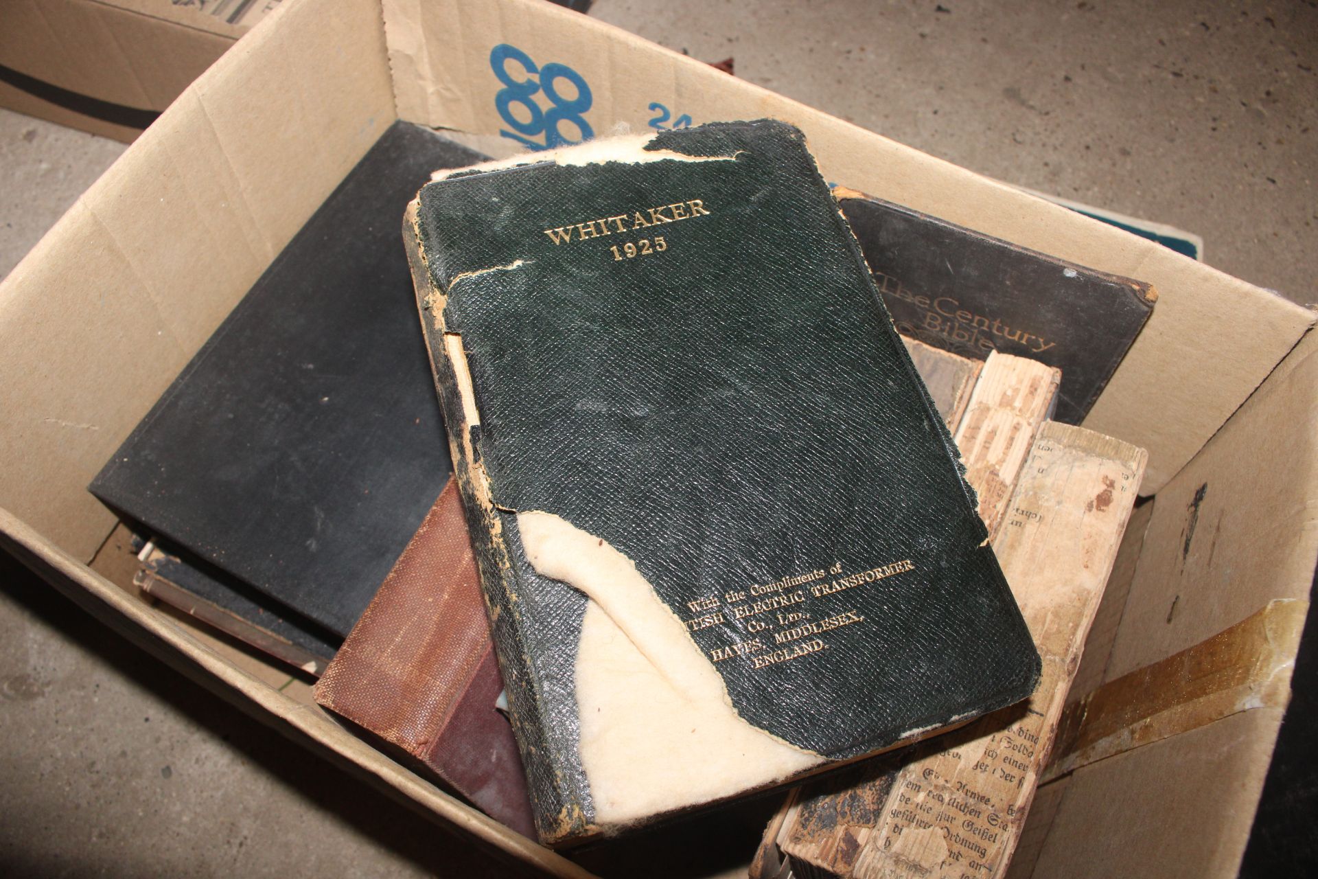 Two boxes of various books to include antique Bibles, postcards, Imperial Quill tin - Image 27 of 30