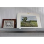 An unframed Neptune print and a pine framed print of a Suffolk sheep
