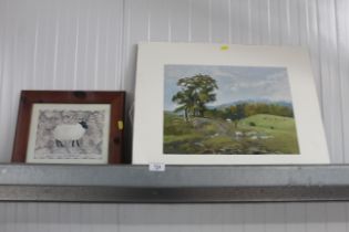 An unframed Neptune print and a pine framed print of a Suffolk sheep