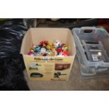 A box containing a quantity of festive and Christmas decorative baubles, decorations etc.