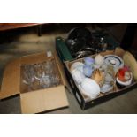 Three boxes containing kitchen utensils; various g