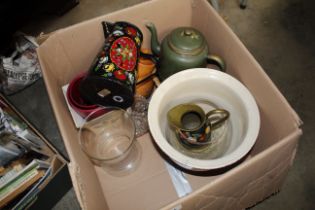 A box containing barge ware style jugs, jardinière