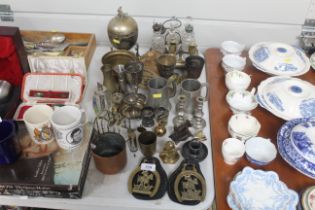 A collection of metal ware to include cruet stand,