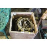 A wooden tea chest and contents of a vintage rope