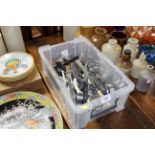 A box of cutlery and kitchen utensils