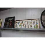 A gilt framed oil study of Dickens characters and framed coloured print