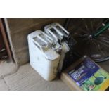 Two white painted 20L jerry cans