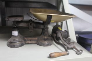 A set of vintage scales and mincer