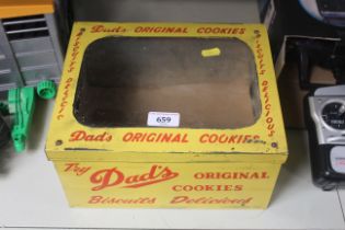 A Dad's original cookies advertising tin