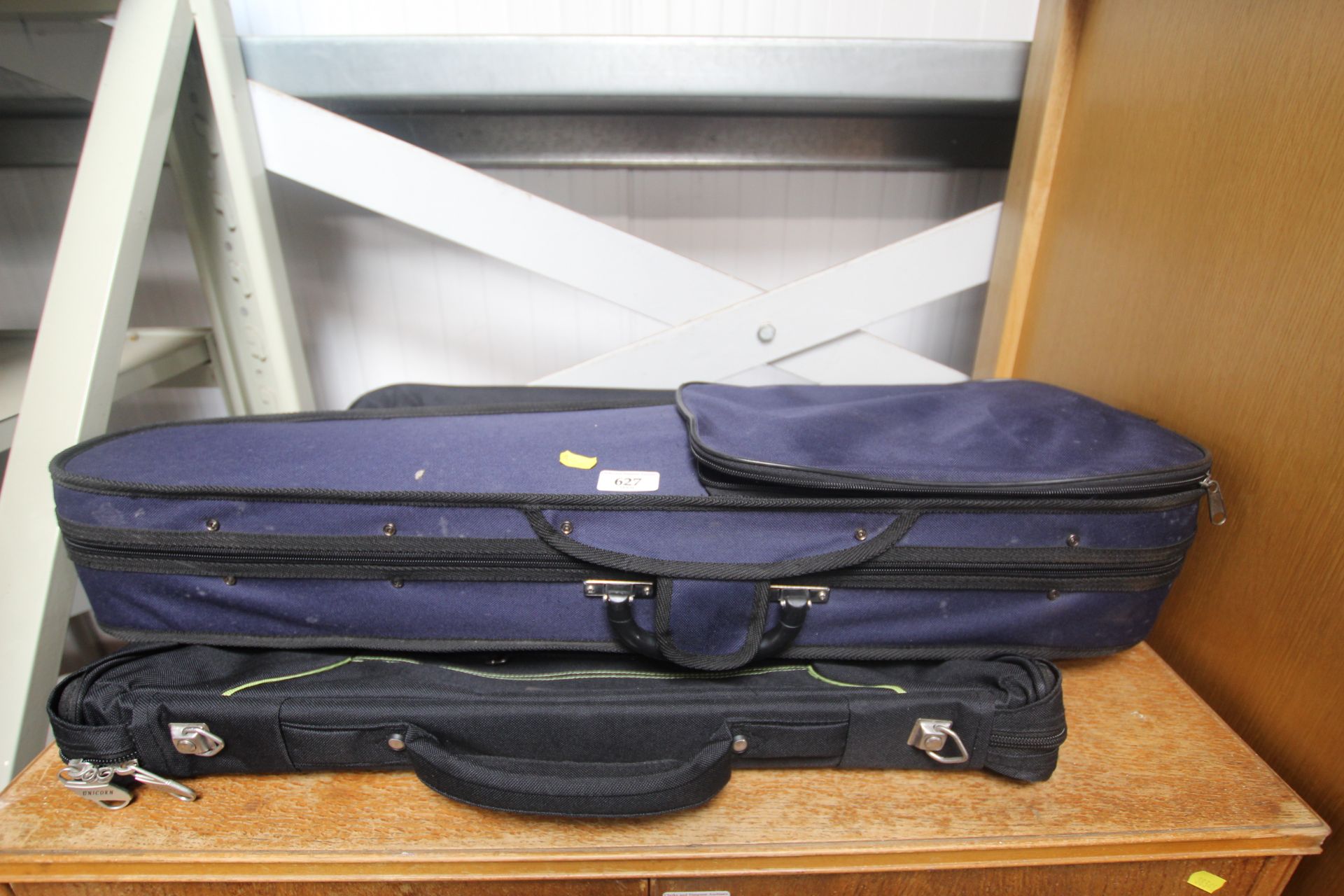 An unused suit bag and a violin case