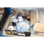 A box of various glass and china to include jugs,