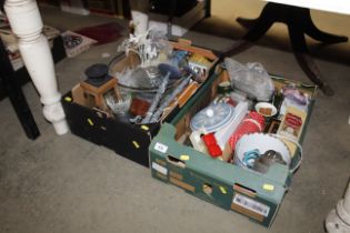 Two boxes containing kitchen ware, metal ware etc.