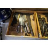 A quantity of various vintage tools including W.Tyezach and Sons 120 handsaw, metal garden shears,