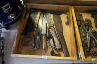 A quantity of various vintage tools including W.Tyezach and Sons 120 handsaw, metal garden shears,