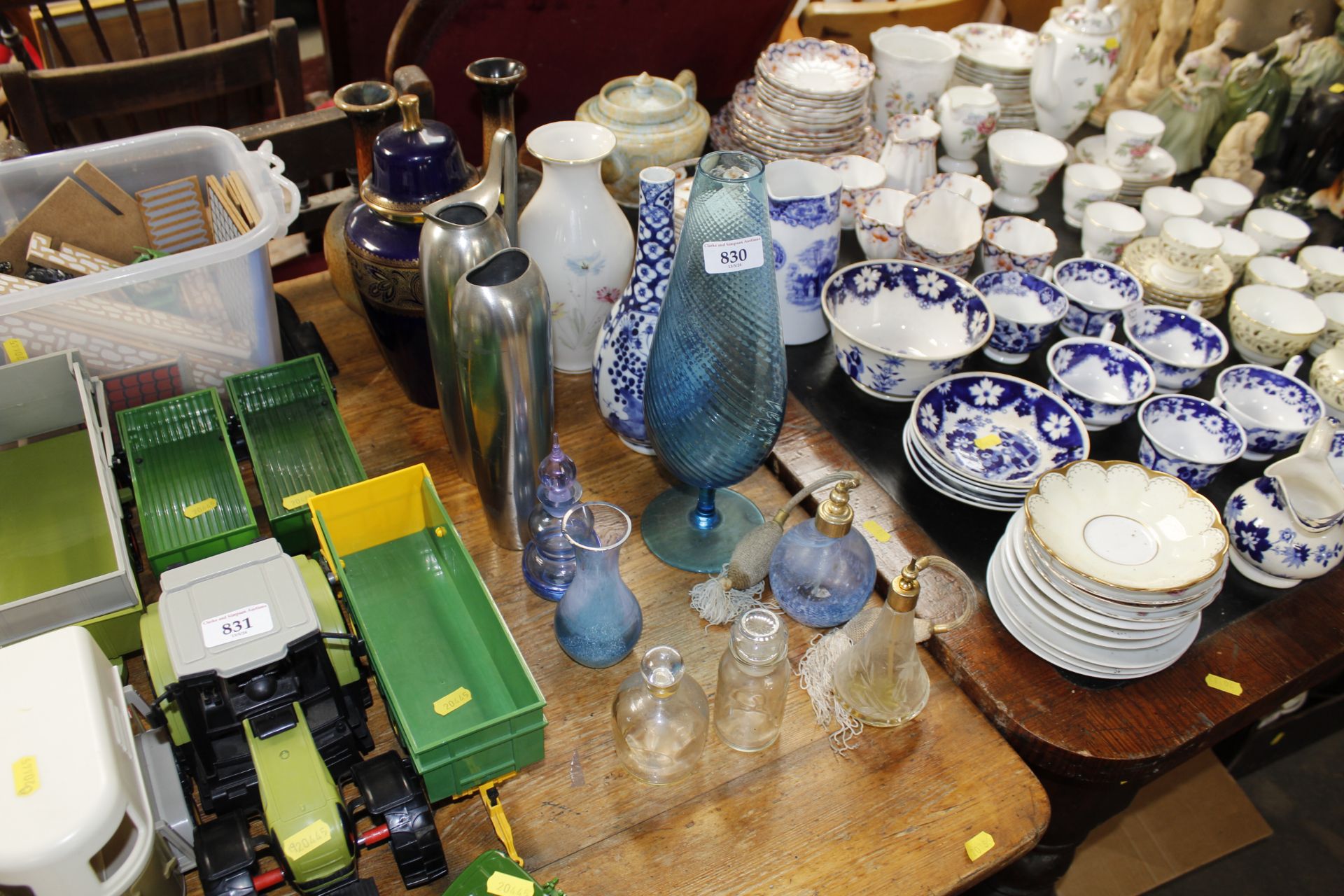 A pair of pottery vases; oriental blue and white v