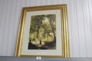 A gilt framed coloured print entitled " Our Picnic"