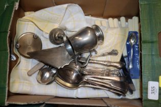 A box of various silver plated flatware to include